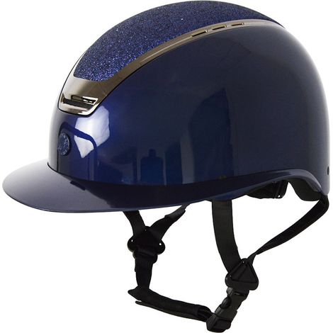53-56 CM, BLU: Casco da equitazione con calotta e visiera larga lucide e frame brunito con glitter (1/5)