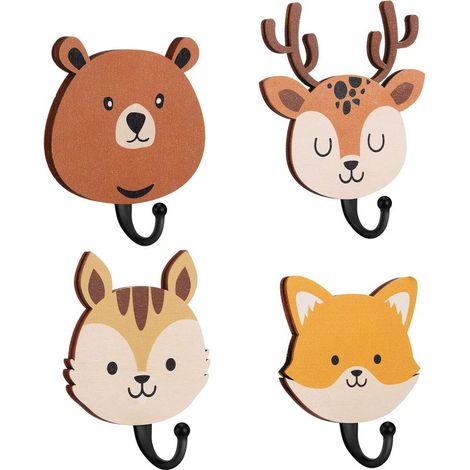 Ensemble de 4 patères murales en bois sur le thème des animaux de chasse, pour enfants, patères, décorations pour chambre de bébé (1/4)