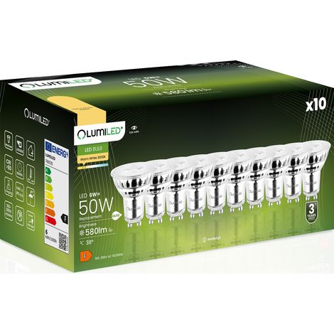 10 bombillas LED GU10 tipo foco PAR16 de 6W = 50W, 580lm, 3000K, luz cálida de 38° LUMILED