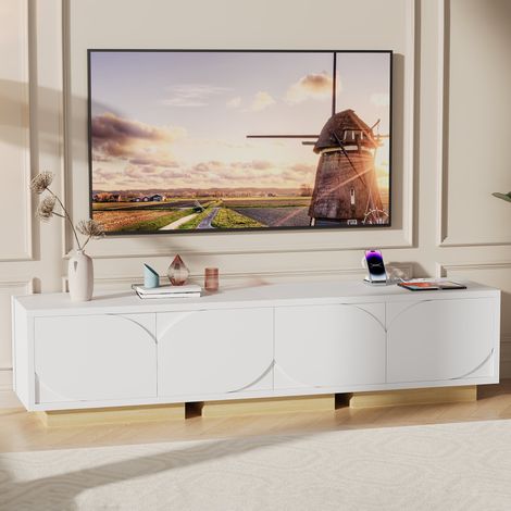 Meuble TV Scandinave Blanc 175 cm, 2 Prises/USB/Type-C, 4 Portes à Étagères Réglables, Compatible TV Jusqu'à 80 Pouces, pour Salon (1/5)