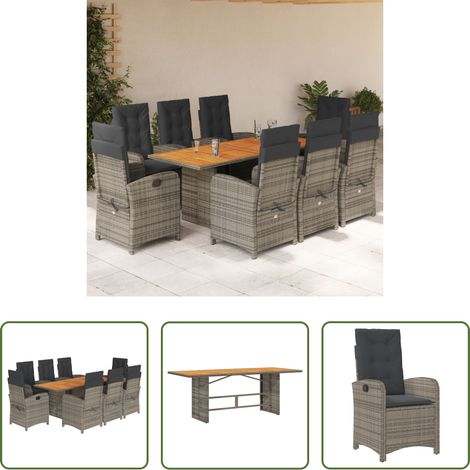 vidaXL Gartenessgruppe - 9-tlg. Garten-Essgruppe mit Kissen Grau Poly Rattan (1/5)