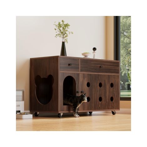 Meuble pour litière mobile – Meuble/maison pour chat avec bac à litière amovible, isolation anti-odeurs, sans bac à litière, 100 × 45 × 66 cm, couleur noyer
