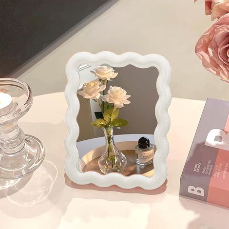 Espejo de mesa/maquillaje plegable y portátil con forma de ola, ideal para viajar y para colocar sobre una superficie o colgar. Decoración para el hogar.
