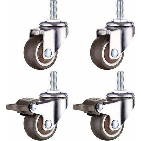 Roulette Pivotante Robuste en Caoutchouc à Tige Filetée M10 pour Chariot à Main, Tables de Travail, Roues Meuble, 2 inch, Diamètre du filetage : 10mm, longueur 25mm, 2PCS avec frein + 2PCS sans frein- (1/4)
