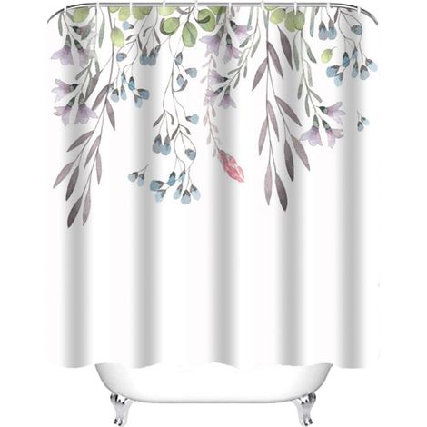 1 rideau de douche, motif feuilles aquarelle, 183 cm x 183 cm, polyester imperméable, avec 12 crochets ABS (1/5)