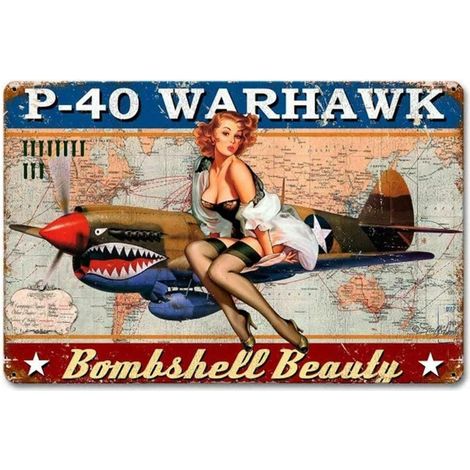Plaque en métal vintage chic Art déco militaire P-40 Aigle de guerre Pinup Girl pour maison, bar, café, ferme, magasin, garage ou club - 20,3 x 30,5 cm (1/5)