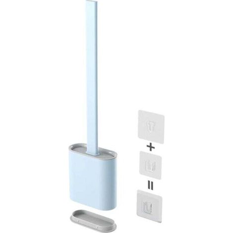 Brosse WC Silicone, Brosse Toilettes WC Suspendu en Silicone, Ensemble de Balayette WC à Séchage Rapide avec Long Manche, Balai WC Montage Mural/au Sol, Bleu clair (1/4)