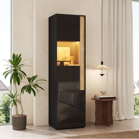 MODFU – Mueble vitrina alto 50x40x179 cm con LED regulable, 2 puertas, acrílico y antivuelco – Negro/natural (1/5)