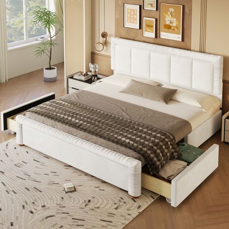 Cama doble 180x200 cm de terciopelo francés beige con 2 cajones, sin colchón - MEUBLIV (1/5)
