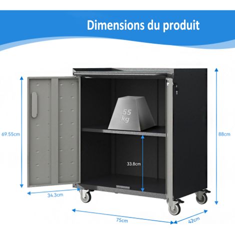 Armoire de garage robuste en métal avec roulettes – Rangement d'outils résistant, dimensions 75 x 42 x 88 cm – Idéale pour usage intensif