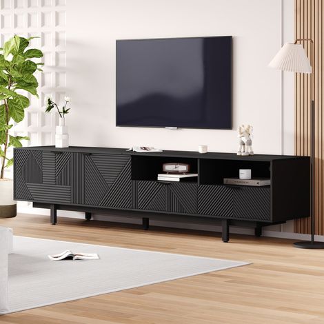 Mobile TV moderno in stile bohémien, con linee geometriche nere, 2 cassetti, decorazione minimalista, 200x40x51 cm (1/5)