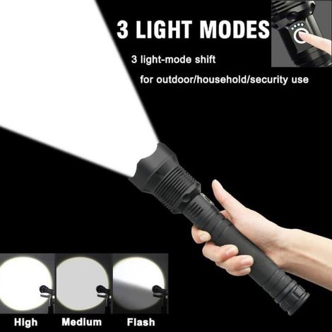 Lampe Torche LED Ultra Puissante,90000 Lumens Lampe de Poche Rechargeable USB Type-C, XHP70 Ajustable Zoomable Étanche Torche (1/5)
