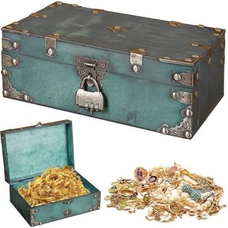 Coffre Trésor Vintage en Bois, 24 x 17 x 9.5cm Coffre au Trésor avec Cadenas, Boite avec Cadenas Pirate, pour ranger des colliers, des boucles d'oreilles, des bagues (1/5)