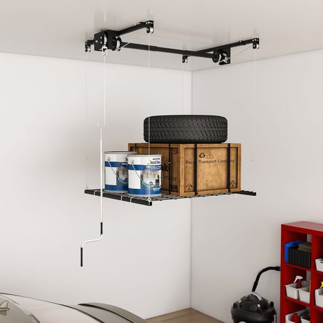 Étagère de plafond garage 120x120 cm noire à manivelle, acier, MEUBLIV (1/5)