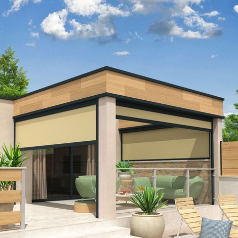 Store vertical pour pergola LOLITE et HELIOLITE (Motorisation à télécommande - Gris anthracite RAL 7016 - Écru 250g/m² - 2.50 x 2.50 m) (1/5)