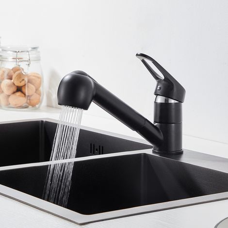 Auralum grifo monomando de cocina extraíble negro, grifo monomando de fregadero con giro de 360°, con 2 tipos de rociado, rociado de fregadero, grifo monomando de fregadero de cocina (1/5)