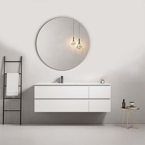 Mobile bagno sospeso 140 cm Bianco Lavabo a Sinistra in Resina Specchio Tondo - Fiji Paint (1/4)
