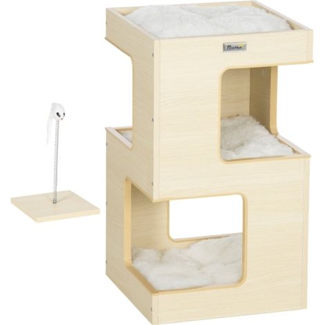 Cuccia per gatti con porticina, a due strati, con giocattoli inclusi, 34 cm x 34 cm x 60 cm, colore legno naturale + grigio chiaro, spedizione dal sito. (1/5)
