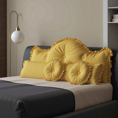 VERCART Grande cuscino per testiera letto, cuscino da lettura, cuscino lungo per lo schienale del divano con 1 cuscino arrotolabile per il collo e 2 cuscini rotondi,Giallo,140CM (1/5)