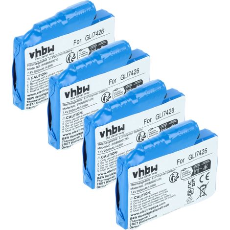 vhbw 4x batería compatible con Glovii GP1R, GJ1G, GXB, GJ1R, GP1C, GJ1, GP1G, GJ1C, GXR, GP1 guantes de moto calefactados (2000 mAh, 7,4 V, Li-Ion)