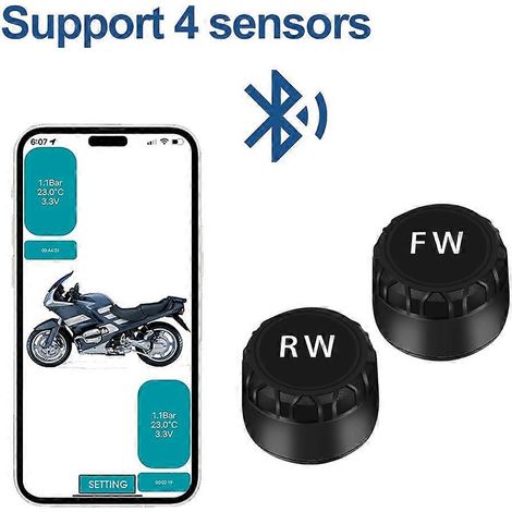 Système de surveillance de la pression des pneus (TPMS) pour moto, avec 2 capteurs, Bluetooth 4.0 et 5.0, kit de diagnostic et testeur de pneus pour pit bike. Accessoires moto. (1/4)