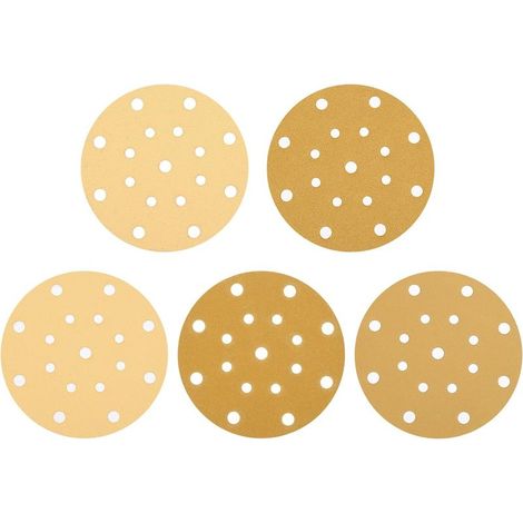 Lot de 50 disques abrasifs de 150 mm - 17 trous - Grain 120 - Papier de verre orbital aléatoire pour le travail du bois, l'automobile, le métal - Doré (1/5)