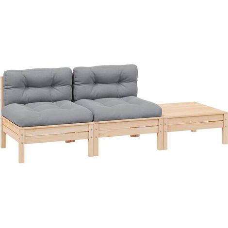 Ensemble de mobilier de jardin trois pièces, avec coussins gris, en pin massif. (1/5)