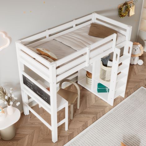 Hochbett 90 x 200 Cm Mit Schreibtisch, Offenem Kleiderschrank Und Regalen, Ohne Matratze, Aus Holz, Weiß