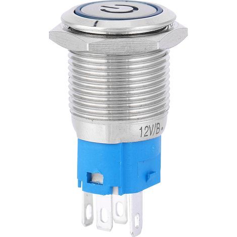 Interrupteur à bouton poussoir métallique auto-réinitialisant avec LED bleue et symbole power, 16mm (1/5)