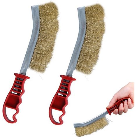 Set di 2 spazzole metalliche, spazzola in ottone, spazzola per griglia, spazzola per fornelli, spazzola per la pulizia, spazzola portatile con manico per griglie, forni per pizza e piani cottura. (1/5)