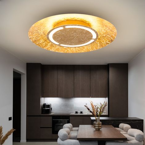 Deckenlampe Deckenleuchte Wohnzimmerlampe Esszimmerleuchte Schlafzimmerlampe, Metall goldfarben opal weiß, LED 24W 1400Lm warmweiß, DxH 50x8,6cm (1/5)