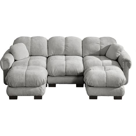 Divano a U 3 posti con pouf mobile e 2 cuscini in ciniglia grigio chiaro HOMVRA (1/5)