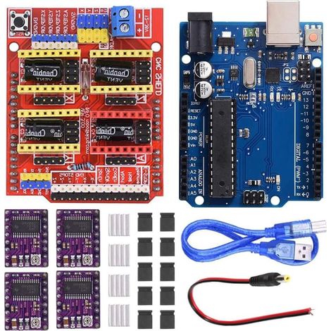 Kit de Carte d'extension CNC Shield V3.0 avec 4 Pilotes de Moteur Pas à Pas DRV8825 et dissipateurs Thermiques, 10 Capuchons de Cavalier, câble USB pour Machine de Gravure CNC (1/5)