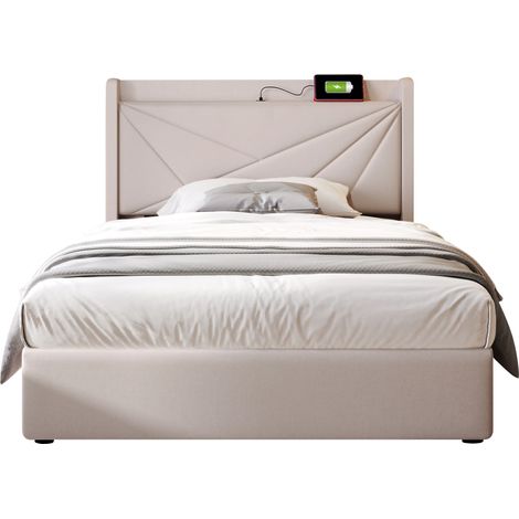 Lit coffre rembourré 90x200, sommier à lattes inclus, tête de lit en lin avec chargeur USB-C, rangement intégré, cadre de lit simple pour enfant, sans matelas (1/5)
