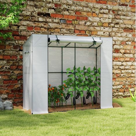 Invernadero adosado 200x76x170/150 cm, con puerta enrollable y ventanas, estructura de acero, blanco (1/5)