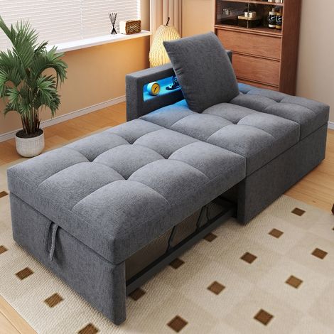 Schlafsofa 3 in 1 Multifunktionssofa mit Schlaffunktion und verstellbarer Rückenlehne, 177x68x65 cm, Leinenstoff Hellgrau, inkl. LED & USB (1/5)