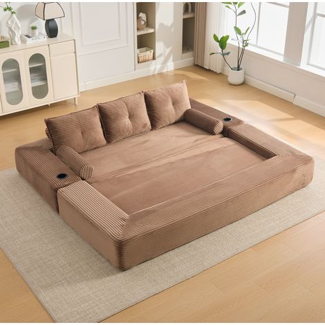 Canapé-lit 3 places 232x98x80 cm marron, pliable avec porte-gobelet, tissu côtelé MEUBLIV (1/5)