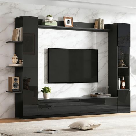Komplett-Wohnzimmer mit Stauraum, offenen Fächern und Acryltüren, in Schwarz, 245x30x170 cm