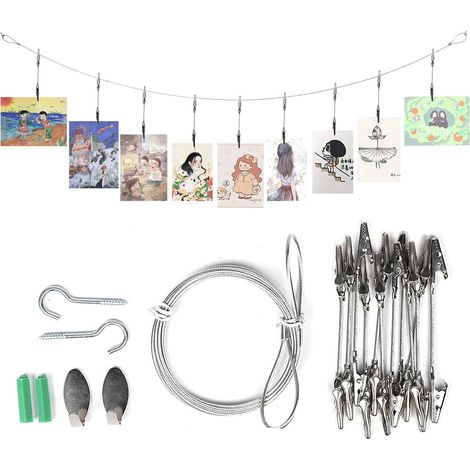 Metal Wire Photo Clips with 12 Alligator Clips, 160 cm x 2 mm Steel Photo Cable, Adjustable Hanging Cable for DIY Photo Booths, Standing Photo Decorations, and Accessories (1/5)