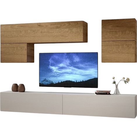 Mur TV modulable suspendu design blanc et naturel Lina L 268cm - 6 pièces (1/3)