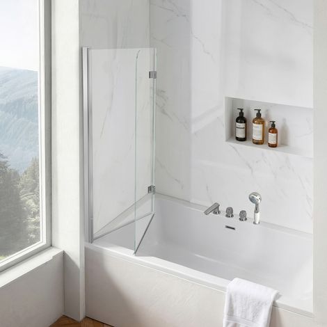 VEVOR Mampara de Ducha Plegable para Bañera 1200 x 1400 mm Puerta de Vidrio, Mampara de Bañera sin Marco, Cristal Templado de Seguridad 6 mm, 2 Bisagras, 180° Plegable, Perfil de Aluminio, Plateado (1/5)
