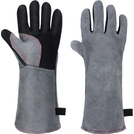 Gants de Barbecue en Cuir, Gants de Four Anti Chaleur, Gants de Soudage Épaississement, Résistant au Feu et à la Chaleur, pour Le Barbecue, Four, Soudure, Cheminée, Jardinage - Gris