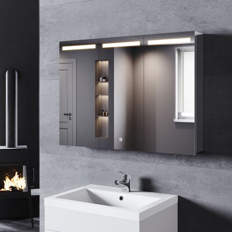 SONNI Edelstahl LED Spiegelschrank mit Beleuchtung Badschrank Spiegel 90x65cm, 3 Lichtfarben Dimmbar, Drahtloses Scharnier Design, Dreitüriger Spiegelschrank (1/5)