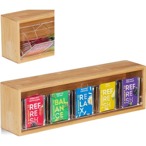 Relaxdays Tea Box Natural Bamboo, 5 Compartments for 50 Sachets, Transparent Lid, Wall-Mounted, Flavour Protection (1/5)