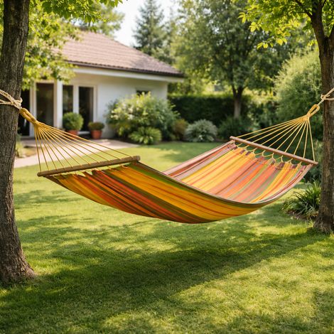 Couleurs Du Monde – Hamac double 220x150cm 100% coton – Charge max 130kg – Rayures orange et jaune – Barre d'écartement incluse (1/2)