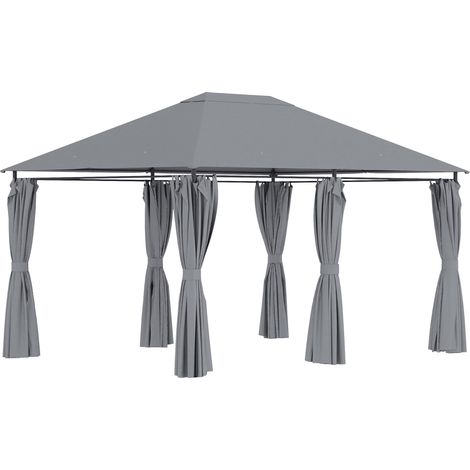 Gazebo 3x4 m avec 6 parois amovibles, 8 trous de drainage et 12 piquets, en acier et polyester, gris et noir