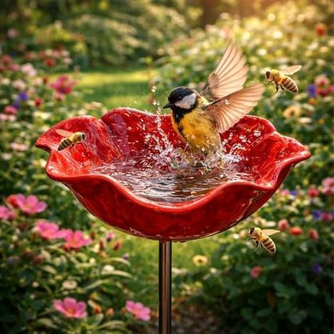 Décoration de jardin mangeoire à oiseaux fleur en métal – bain d’oiseaux décoratif sur piquet, accessoire extérieur pour nourrir les oiseaux et embellir jardin, terrasse et pelouse, Rouge (1/5)