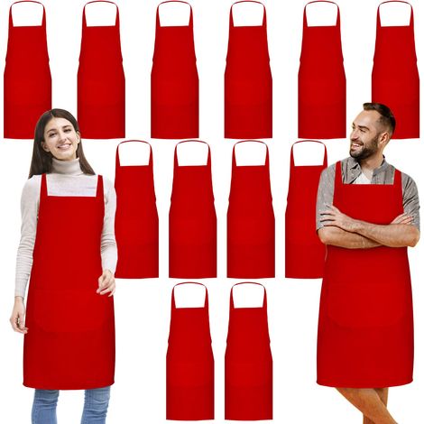 Lot de 12 tabliers de cuisine unisexes rouges avec 2 poches, tabliers de cuisine pour adultes, pour la cuisine, la peinture, le barbecue, la pâtisserie, lavables en machine, 60 x 71 cm, rouge (1/5)