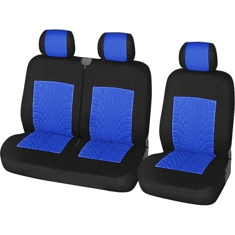 Housses de siège auto universelles (2+1), adaptées à la plupart des fourgonnettes et camions, pour un siège conducteur et deux sièges passagers, bleues, avec motif de bande de roulement de pneu 3D. (1/5)