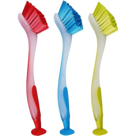 Set di 3 spazzole per piatti con manici antiscivolo, 26 x 3,5 cm, con ventose. Spazzole lunghe ed ergonomiche con manici a ventosa per una pulizia senza sforzo di piatti, pentole e piastrelle.